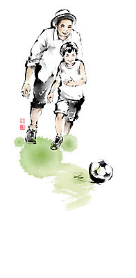 전신 PSD 남자 어린이 일러스트 캘리그라피 축구공 붓터치 소년 성인 두명 달리기 축구 어린이날 즐거움 번짐 위인 낙관 남자만 방정환 국내일러스트 기념일 감정 공 축구용품 모션 사람 구기 파일형식 효과