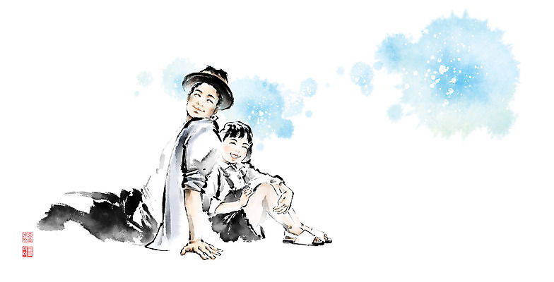 전신 PSD 여자 남자 어린이 일러스트 캘리그라피 붓터치 미소 웃음 앉기 소녀 상반신 성인 두명 등맞대기 어린이날 즐거움 번짐 위인 낙관 방정환 국내일러스트 기념일 감정 모션 표정 사람 파일형식 효과