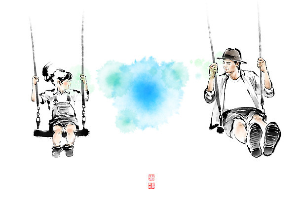 전신 PSD 여자 남자 어린이 일러스트 캘리그라피 붓터치 앉기 소녀 성인 두명 잡기 어린이날 즐거움 그네 번짐 위인 낙관 그네타기 방정환 국내일러스트 기념일 감정 모션 놀이 사람 파일형식 효과