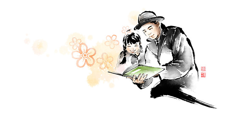 PSD 여자 남자 꽃 어린이 일러스트 캘리그라피 붓터치 들기 소녀 상반신 성인 두명 책 독서 턱괴기 어린이날 읽기 즐거움 번짐 위인 낙관 방정환 국내일러스트 식물 기념일 감정 모션 사람 파일형식 효과