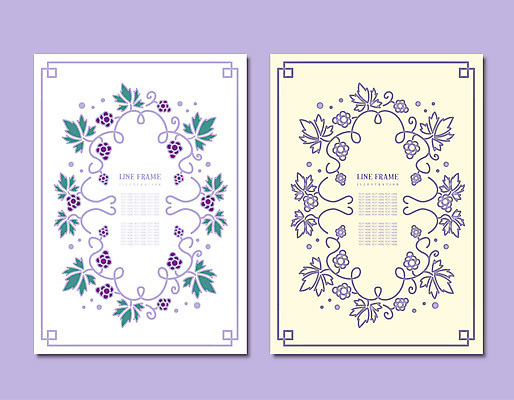 선 백그라운드 라인일러스트 일러스트 포도 프레임 사람없음 노란색 보라색 테두리 포도넝쿨 국내일러스트 AI파일 컬러 과일 덩굴 파일형식 벡터