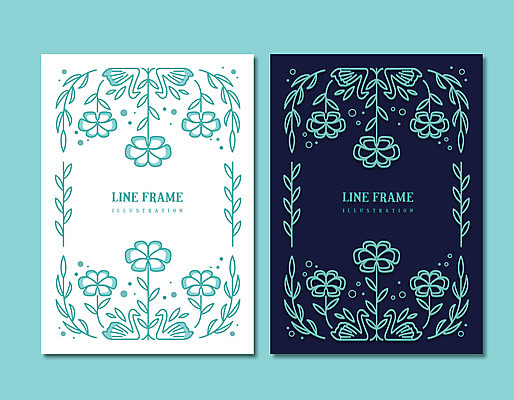 꽃 선 백그라운드 잎 라인일러스트 일러스트 프레임 사람없음 남색 테두리 민트색 국내일러스트 AI파일 식물 컬러 파일형식 벡터
