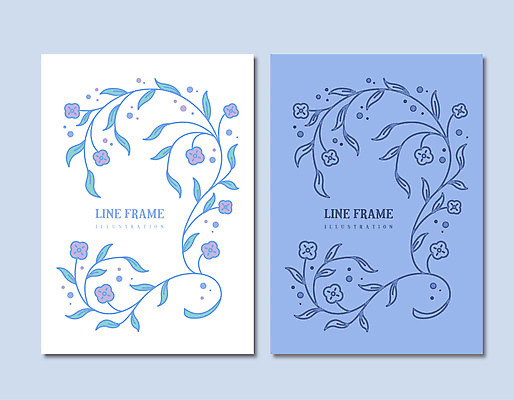 꽃 선 하늘색 백그라운드 잎 라인일러스트 일러스트 프레임 사람없음 흰색 테두리 국내일러스트 AI파일 식물 컬러 파란색 파일형식 벡터