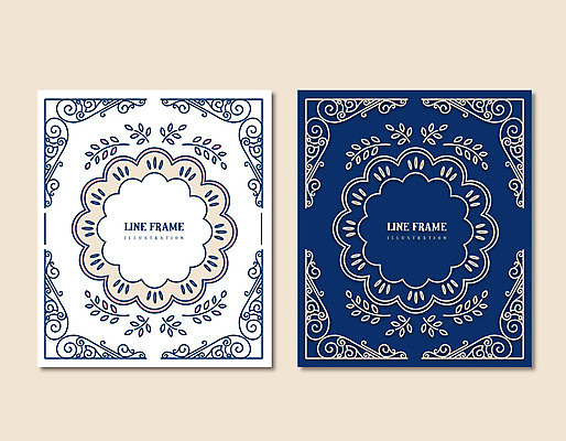 꽃 선 백그라운드 잎 라인일러스트 일러스트 프레임 사람없음 흰색 남색 테두리 국내일러스트 AI파일 식물 컬러 파일형식 벡터