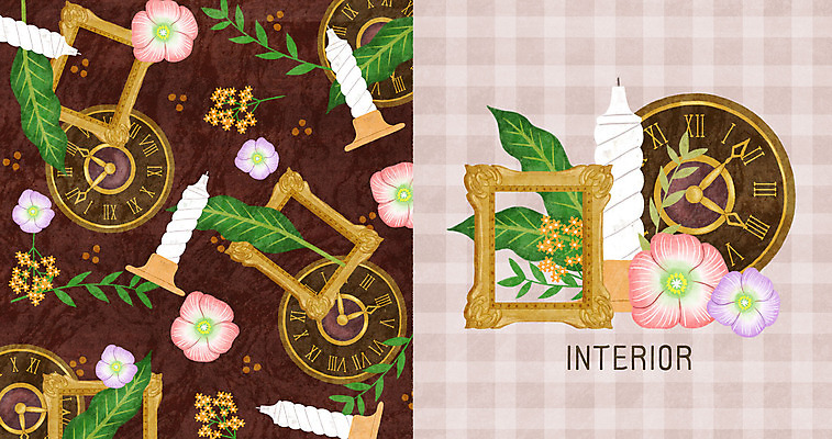 PSD 식물 꽃 시계 잎 패턴 일러스트 초 액자틀 사람없음 인테리어 패턴백그라운드 촛대 국내일러스트 디자인 액자 백그라운드 무늬 틀 파일형식