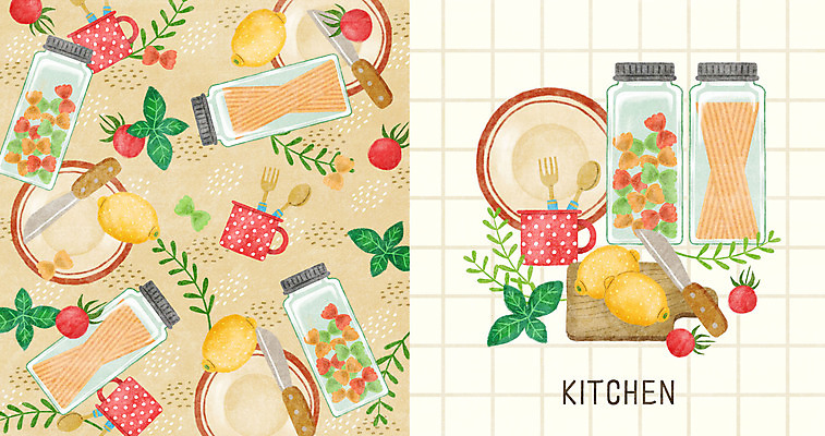 PSD 접시 포크 잎 패턴 일러스트 식재료 방울토마토 유리병 도마 컵 주방 숟가락 패턴백그라운드 칼 레몬 스파게티면 국내일러스트 식물 식기 백그라운드 무늬 토마토 과일 주방용품 병_용기 수저 면류 파일형식