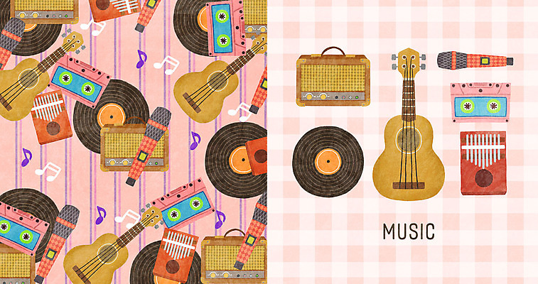 PSD 음악 패턴 음표 일러스트 사람없음 패턴백그라운드 기타 카세트테이프 마이크 앰프 칼림바 국내일러스트 기호 음향기기 백그라운드 무늬 현악기 문화예술 건반악기 파일형식