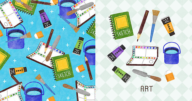 PSD 패턴 일러스트 사람없음 연필 물감 미술도구 패턴백그라운드 붓 팔레트 물통 스케치북 지우개 팔레트나이프 국내일러스트 백그라운드 무늬 학용품 필기구 오브젝트 파일형식