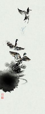 PSD 일러스트 캘리그라피 붓터치 세마리 사람없음 비행 물가 동양화 번짐 낙관 철새 청둥오리 국내일러스트 조류 오리 3 미술 풍경 파일형식 효과