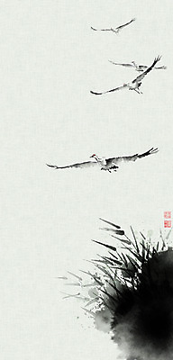 PSD 일러스트 캘리그라피 붓터치 갈대 사람없음 학 비행 풀 동양화 번짐 낙관 철새 국내일러스트 식물 조류 미술 파일형식 효과