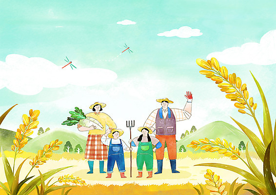 전신 PSD 여자 남자 어린이 일러스트 가족 하늘 작업복 서기 들기 소녀 소년 여러명 성인 농사 수확 벼 가을 잠자리 농부 무 농기구 손인사 귀농 국내일러스트 직업 옷 계절 다수 곤충 농업 관계 모션 곡류 뿌리채소 사람 인사 파일형식