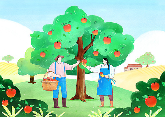 전신 PSD 여자 남자 농업 일러스트 작업복 장화 서기 들기 청년 성인 두명 건물 농장 바구니 농사 앞치마 수확 사과 과수원 멜빵바지 주기 밀짚모자 귀농 사과나무 성인만 청년농부 국내일러스트 나무 모자_잡화 건축물 옷 산업 신발 과일 바지 모션 사람 농부 멜빵 파일형식