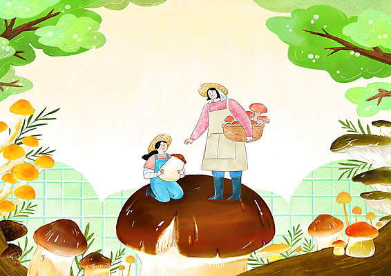 전신 PSD 여자 어린이 일러스트 모녀 나뭇잎 작업복 들기 소녀 성인 두명 바구니 농사 앞치마 버섯 수확 나뭇가지 무릎꿇기 수집 멜빵바지 밀짚모자 팽이버섯 귀농 표고버섯 송이버섯 비닐하우스 버섯농장 버섯재배 여자만 국내일러스트 나무 모자_잡화 옷 딸 잎 농업 바지 가족 모션 엄마 사람 농장 멜빵 파일형식