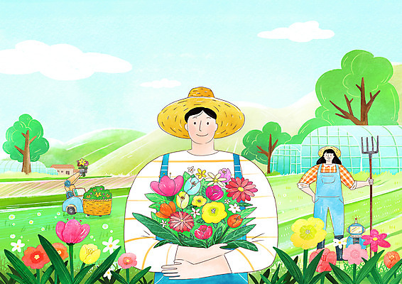 전신 PSD 나무 여자 남자 꽃 화초 허리손 일러스트 작업복 장화 서기 들기 상반신 청년 성인 두명 농장 농사 수확 농기구 멜빵바지 로봇 밀짚모자 귀농 비닐하우스 성인만 스마트팜 청년농부 국내일러스트 식물 모자_잡화 옷 포즈 신발 농업 바지 모션 사람 농부 멜빵 파일형식