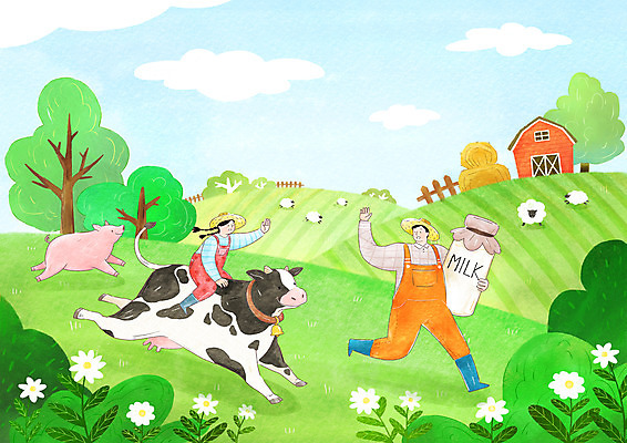 전신 PSD 나무 여자 남자 어린이 여러마리 일러스트 작업복 장화 들기 소녀 초원 성인 두명 건물 달리기 농장 가축 목장 양 돼지 우유병 축산업 승차 멜빵바지 젖소 밀짚모자 손인사 귀농 낙농업 부녀 국내일러스트 식물 동물 모자_잡화 건축물 옷 딸 산업 다수 신발 농업 바지 포유류 가족 모션 병_용기 사람 우유 인사 소 아빠 멜빵 파일형식