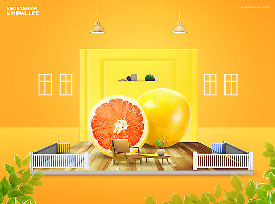 PSD 편집이미지 라이프스타일 화분 탁자 나뭇잎 조명 사람없음 울타리 소파 주황색 자몽 채식 비건 이미지편집 컬러 가구 잎 의자 과일 생활 담장 채식주의자 파일형식