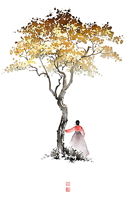 전신 PSD 나무 여자 생각 일러스트 캘리그라피 붓터치 휴식 나뭇잎 한명 서기 성인 한복 동양화 번짐 사색 낙관 성인여자한명만 국내일러스트 식물 1 한국전통 컨셉 잎 모션 미술 사람 전통의상 여자한명만 성인여자만 파일형식 효과
