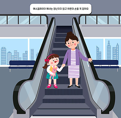 전신 여자 어린이교육 어린이 일러스트 창문 서기 소녀 성인 두명 건물 마주보기 손잡기 에스컬레이터 토끼인형 안전교육 어린이안전 여자만 국내일러스트 AI파일 건축물 교육 인형 모션 안전 사람 토끼 파일형식 벡터