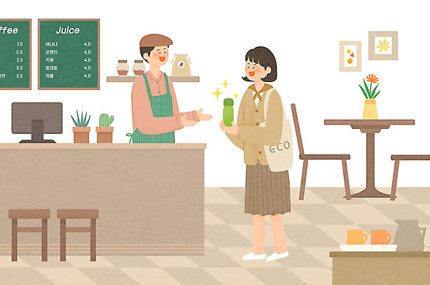 전신 PSD 여자 남자 화분 의자 일러스트 탁자 서기 들기 상반신 성인 두명 자연보호 카페 머그컵 계산대 친환경 텀블러 성인만 제로웨이스트 국내일러스트 가구 모션 자연 사람 컵 환경 상점 그린캠페인 보호 사회이슈 파일형식