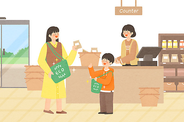 전신 PSD 여자 남자 아들 일러스트 엄마 서기 들기 상반신 성인 세명 쇼핑 자연보호 재활용 계산대 친환경 마트 에코백 제로웨이스트 국내일러스트 모자관계 가방 가족 모션 자연 사람 환경 상점 그린캠페인 보호 사회이슈 에코 파일형식