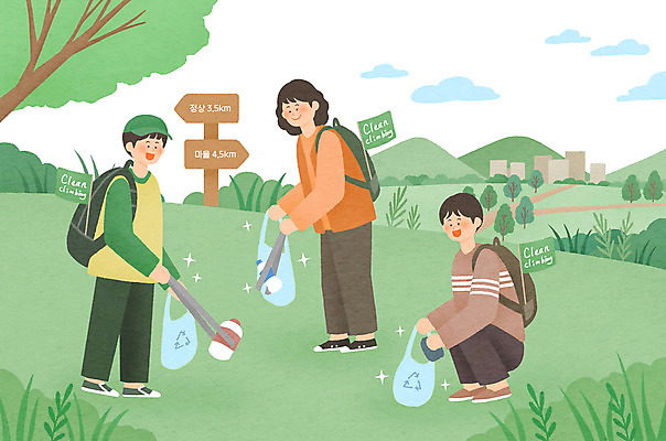 PSD 나무 구름 여자 남자 아들 어린이 일러스트 가족 엄마 집게 들기 소년 성인 세명 초록색 자연보호 깨끗함 쓰레기 청소 친환경 백팩 웅크림 쓰레기줍기 클라이밍 제로웨이스트 플로깅 국내일러스트 모자관계 자연요소 식물 컬러 컨셉 가방 관계 모션 자연 사람 환경 그린캠페인 등반 보호 사회이슈 파일형식 줍기