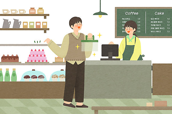 전신 PSD 여자 남자 일러스트 서기 들기 상반신 성인 두명 케이크 자연보호 카페 가리킴 용기 계산대 친환경 주문 성인만 제로웨이스트 디저트카페 국내일러스트 그릇 모션 자연 디저트 사람 손짓 환경 상점 그린캠페인 보호 사회이슈 파일형식