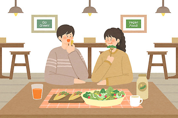 PSD 부부 여자 남자 포크 일러스트 조명 들기 상반신 성인 두명 컵 자연보호 식당 샐러드 과일주스 친환경 채식 두유 성인만 비건 제로웨이스트 국내일러스트 식기 커플 음식 과일 모션 자연 사람 환경 상점 그린캠페인 주스 보호 사회이슈 채식주의자 파일형식