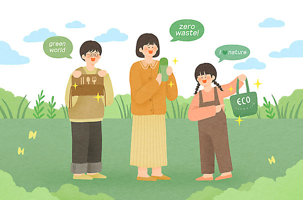 전신 PSD 여자 남자 어린이 일러스트 청소년 수저 서기 들기 초원 성인 세명 초록색 자연보호 가리킴 친환경 에코백 텀블러 제로웨이스트 국내일러스트 식기 컬러 가방 모션 자연 사람 손짓 컵 환경 그린캠페인 보호 사회이슈 에코 파일형식