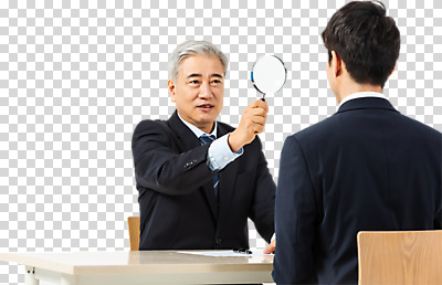 편집 편집이미지 응시 노년 남자 의자 비즈니스 돋보기 들기 누끼 앉기 정장 상반신 20대 청년 성인 두명 앞모습 뒷모습 마주보기 한국인 구직 직장인 비즈니스맨 60대 책상 면접 마주앉기 PNG 구인구직 면접관 신입 남자만 편집소스 직업 시선 옷 뷰포인트 가구 컨셉 모션 사람 동양인 구인 파일형식