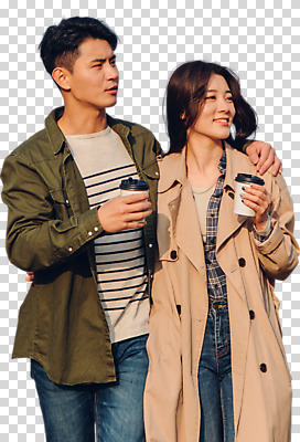 편집 편집이미지 커플 여자 남자 커피 데이트 들기 누끼 상반신 20대 성인 두명 앞모습 걷기 다정 한국인 트렌치코트 PNG 테이크아웃컵 성인만 어깨에손 편집소스 음료 뷰포인트 컨셉 관계 모션 사람 동양인 청년 컵 코트 파일형식