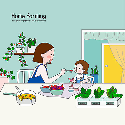 여자 딸 화분 인형 포크 채소 과일 일러스트 식탁 모녀 엄마 들기 앉기 상반신 성인 두명 숟가락 아기 잡기 먹여주기 이유식 여자만 홈파밍 자급자족라이프 국내일러스트 AI파일 라이프스타일 식기 음식 가족 모션 탁자 수저 사람 농사 먹기 파일형식 벡터