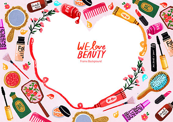 PSD 꽃 분홍색 일러스트 프레임 사람없음 뷰티 화장품 거울 립스틱 하트 머리빗 향수 마스카라 손거울 스킨 로션 메이크업브러쉬 프레임일러스트 국내일러스트 모양 식물 컬러 붓 미용용품 파일형식