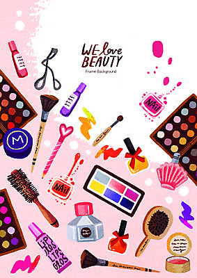 PSD 분홍색 일러스트 프레임 사람없음 뷰티 연필 화장품 거울 립스틱 머리빗 향수 매니큐어 스킨 로션 뷰러 메이크업브러쉬 섀도우팔레트 프레임일러스트 국내일러스트 컬러 학용품 필기구 화장용품 붓 미용용품 파일형식