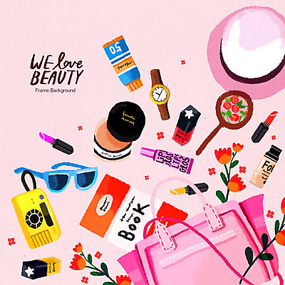 PSD 모자 꽃 분홍색 가방 일러스트 프레임 사람없음 책 선글라스 뷰티 카메라 화장품 거울 립스틱 손목시계 향수 스킨 로션 프레임일러스트 국내일러스트 식물 잡화 안경 시계 컬러 장신구 전자제품 파일형식