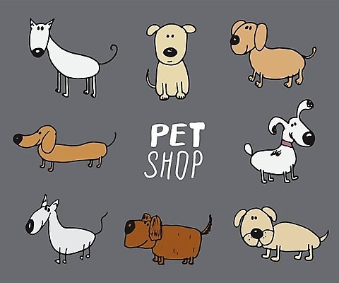 EPS 해외이미지 무료이미지 여러마리 일러스트 세트 회색 강아지 손그림 개캐릭터 개목걸이 애완동물가게 엘리먼트 해외202105 해외일러스트 일러캐릭터 캐릭터 컬러 동물캐릭터 다수 반려동물 상점 개 애견용품 파일형식 벡터 무료콘텐츠