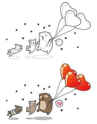 EPS 해외이미지 여러마리 일러스트 곰 사람없음 고양이 잡기 하트풍선 색칠공부 해외일러스트 동물 다수 포유류 모션 반려동물 학습 하트 색칠 풍선 파일형식 벡터