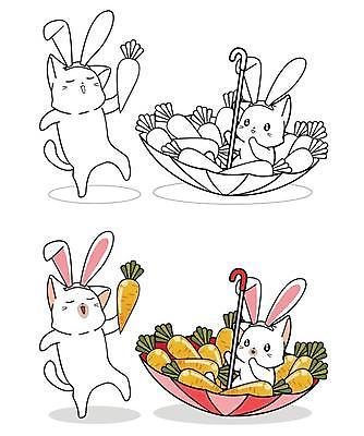EPS 해외이미지 두마리 여러마리 일러스트 우산 들기 사람없음 고양이 당근 토끼머리띠 담기 색칠공부 해외일러스트 다수 2 포유류 모션 뿌리채소 반려동물 학습 머리띠 색칠 파일형식 벡터