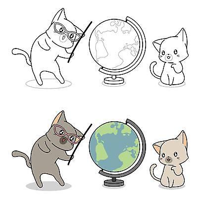 EPS 해외이미지 여러마리 일러스트 들기 사람없음 지구본 고양이 가리킴 지시봉 색칠공부 안경낌 해외일러스트 안경 다수 포유류 모션 손짓 반려동물 학습 색칠 파일형식 벡터