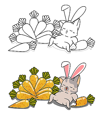 JPG 해외이미지 두마리 일러스트 사람없음 고양이 당근 먹기 토끼머리띠 색칠공부 해외일러스트 2 포유류 모션 뿌리채소 반려동물 학습 머리띠 색칠 파일형식