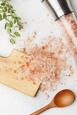 포토 JPG 스튜디오촬영 잎 실내 사람없음 하이앵글 양념 조미료 흰배경 소금 양념통 나무숟가락 소금통 조미료통 핑크솔트 국내포토 식물 뷰포인트 백그라운드 통 내부 숟가락 흰색 향미료 파일형식