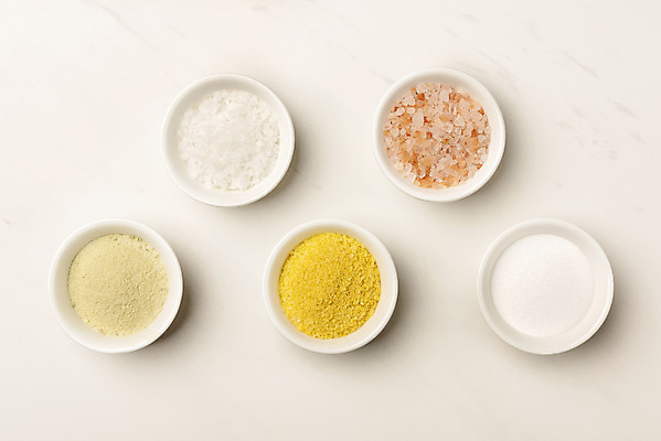 포토 JPG 스튜디오촬영 실내 사람없음 하이앵글 다양 양념 조미료 사기그릇 흰배경 소금 천일염 핑크솔트 국내포토 그릇 뷰포인트 다수 백그라운드 내부 흰색 향미료 파일형식