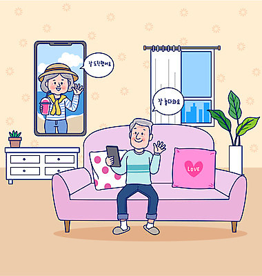 전신 여자 노년 남자 화분 여행 말풍선 쿠션 거실 일러스트 창문 들기 두명 실버라이프 스마트폰 소파 디지털 노부부 서랍장 손인사 영상통화 노인만 실버서퍼 국내일러스트 AI파일 라이프스타일 부부 가구 의자 모션 사람 성인 핸드폰 스마트기기 인사 통화 신조어 성인만 파일형식 벡터