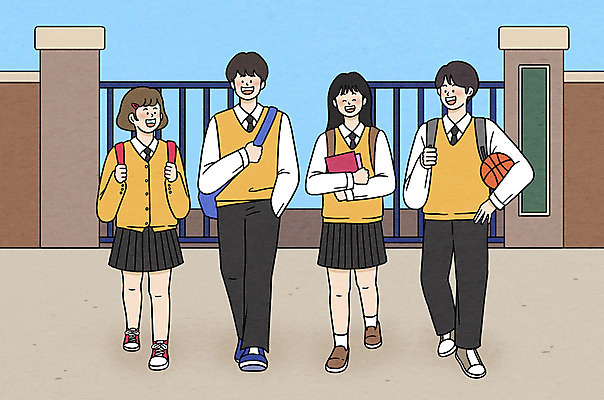 전신 PSD 학생 여자 남자 교복 일러스트 학교 청소년 농구공 들기 여러명 친구 스쿨라이프 걷기 십대라이프스타일 우정 등교 등하교 하교 매기 정문 십대만 중고등학생 국내일러스트 라이프스타일 옷 교육 다수 공 관계 모션 중학생 고등학생 농구 사람 문 파일형식