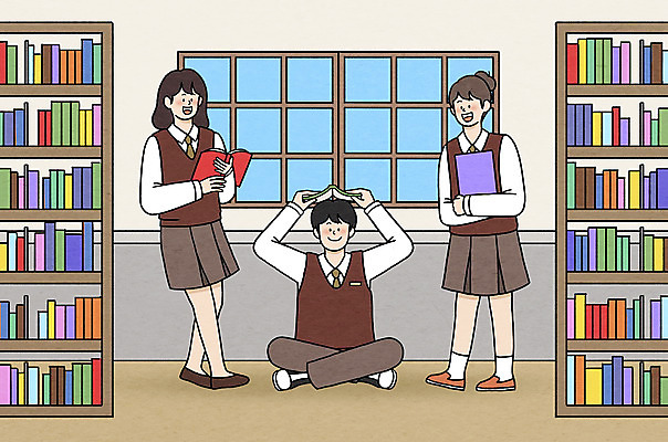 전신 PSD 학생 여자 남자 교복 일러스트 창문 청소년 책장 서기 들기 앉기 책 세명 친구 독서 스쿨라이프 십대라이프스타일 우정 도서관 독서실 십대만 중고등학생 국내일러스트 라이프스타일 옷 교육 가구 학교 관계 모션 중학생 고등학생 사람 파일형식