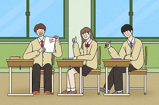 전신 PSD 학생 여자 남자 교복 의자 일러스트 창문 교실 청소년 들기 앉기 세명 친구 스쿨라이프 십대라이프스타일 우정 시험 최고 책상 시험지 백점 시험공부 자습 십대만 중고등학생 국내일러스트 라이프스타일 옷 교육 가구 학교 관계 모션 중학생 고등학생 사람 학습 점수 파일형식