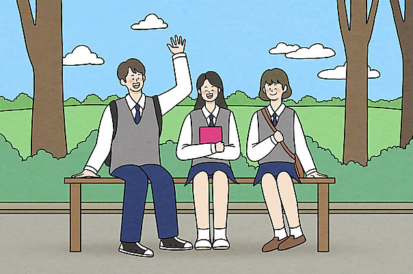 전신 PSD 나무 구름 학생 공원 여자 남자 교복 벤치 일러스트 청소년 휴식 들기 앉기 세명 친구 스쿨라이프 십대라이프스타일 우정 손인사 풀숲 수다 십대만 중고등학생 국내일러스트 자연요소 식물 라이프스타일 옷 공공시설 컨셉 의자 학교 관계 모션 중학생 고등학생 대화 사람 인사 숲 파일형식