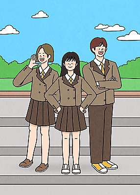 전신 PSD 구름 학생 여자 남자 교복 허리손 일러스트 청소년 서기 세명 친구 스쿨라이프 팔짱 계단 십대라이프스타일 사진촬영 외침 우정 자신감 십대만 중고등학생 국내일러스트 자연요소 라이프스타일 옷 감정 포즈 학교 관계 모션 중학생 고등학생 사람 촬영 소리 파일형식