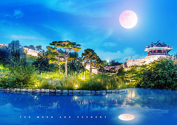 PSD 나무 편집이미지 한국전통 고건축 밤하늘 풍경 사람없음 파란색 반사 보름달 연못 수원화성 이미지편집 식물 전통 건축물 컬러 한국건축 하늘 한국 달 야간 랜드마크 수원 파일형식