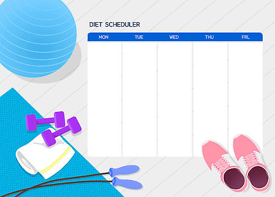 PSD 운동화 다이어트 일러스트 사람없음 파란색 수건 아령 매트 짐볼 계획표 줄넘기 스케줄러 국내일러스트 컬러 신발 건강 위생용품 운동 계획 파일형식