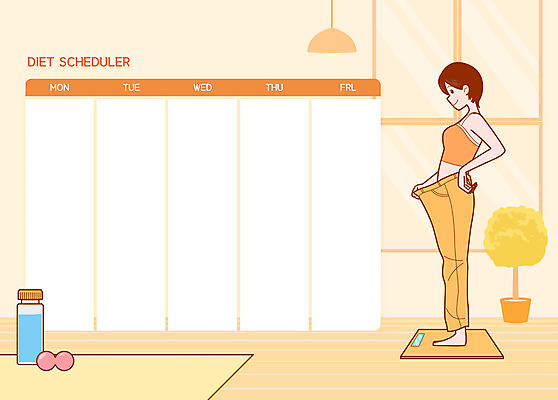 전신 PSD 응시 여자 다이어트 일러스트 바지 실내 한명 서기 성인 주황색 계획표 물병 체중계 스케줄러 체중측정 성인여자한명만 홈트레이닝 국내일러스트 1 시선 컬러 모션 하의 건강 사람 내부 운동 계획 물통 측정 여자한명만 성인여자만 파일형식